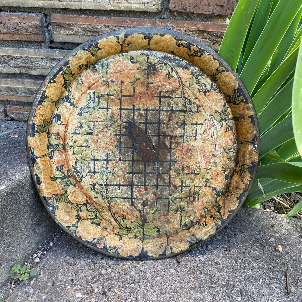 Vintage Rustic Barware Tin Tray Butterfly Roses Wall Decor Shabby Chic 14"